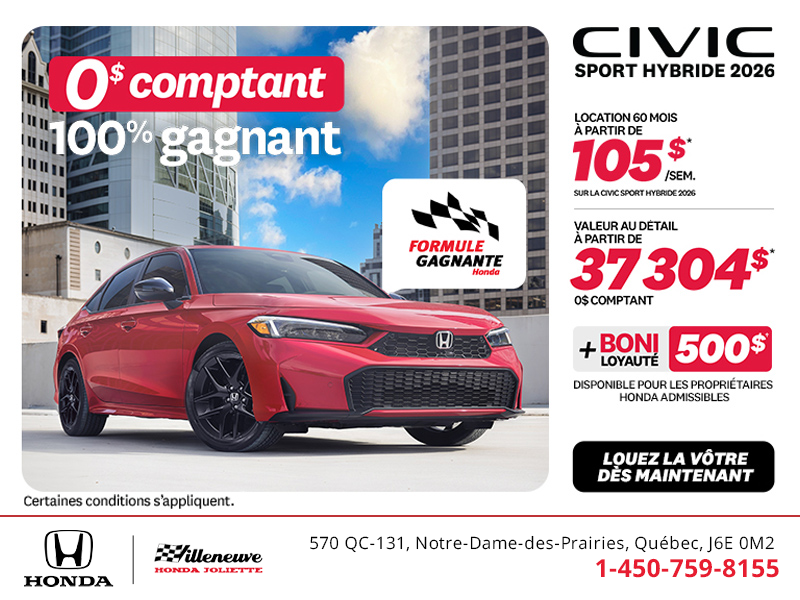 Obtenez la Honda Civic Berline Hybride 2026 !