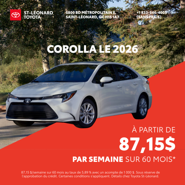 Corolla LE 2026: 87,15$ par semaine