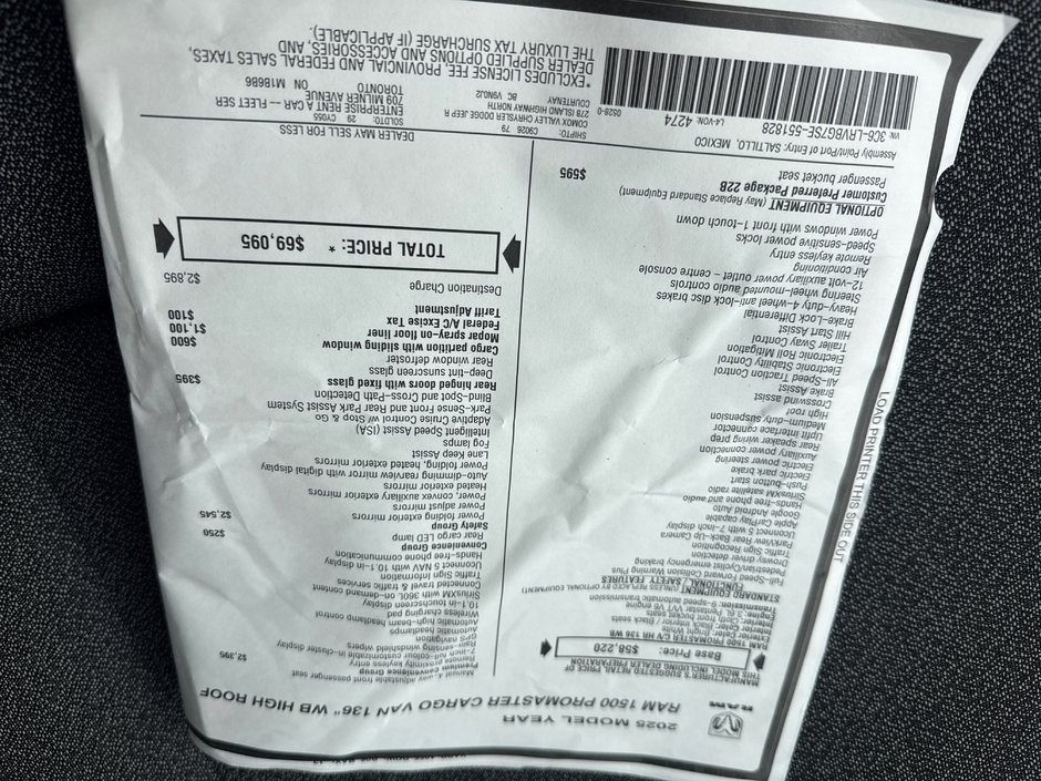 2025 Ram ProMaster Cargo Van Tradesman 1500  136 high roof with convenience group, and safety group brand new