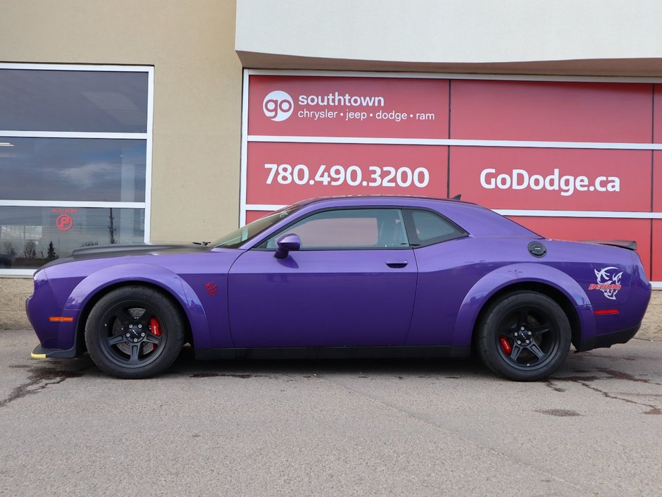 2018 Dodge Challenger SRT DEMON IN PLUM CRAZY PEARL EQUIPPED WITH A 6.2L SRT SUPERCHARGED V8 , 8SPD HIGH PERF TF AUTO , RWD , SUNROOF , GRAPHICS PCKG-6
