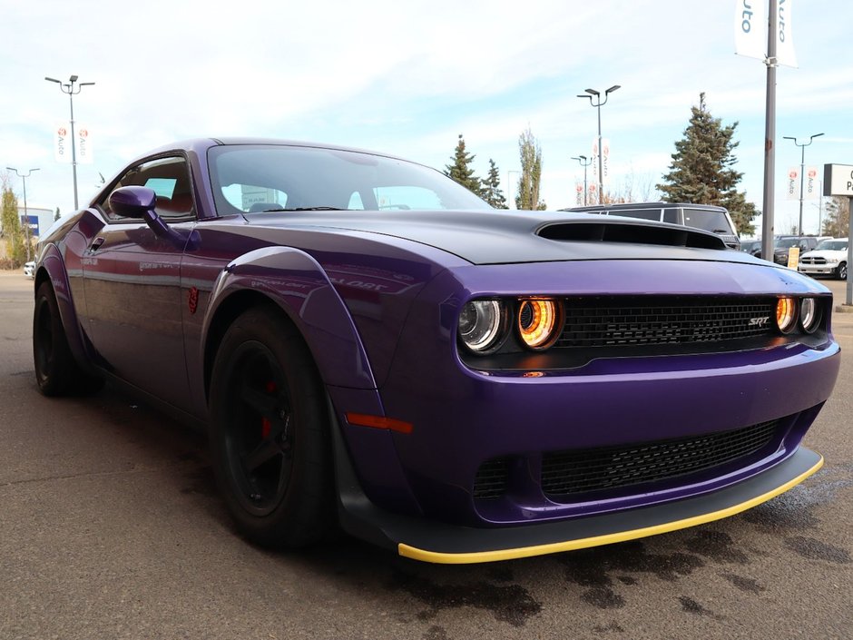 2018 Dodge Challenger SRT DEMON IN PLUM CRAZY PEARL EQUIPPED WITH A 6.2L SRT SUPERCHARGED V8 , 8SPD HIGH PERF TF AUTO , RWD , SUNROOF , GRAPHICS PCKG-10