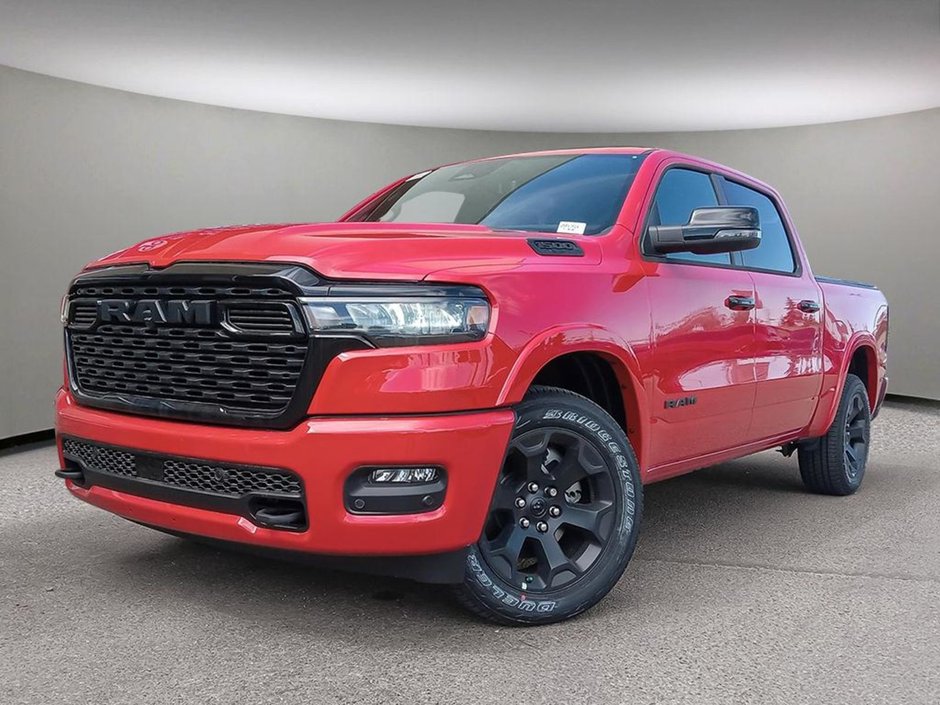 2025 Ram 1500 BIG HORN NIGHT EDITION IN FLAME RED EQUIPPED WITH A 3.0L TWIN TURBO I6 , 4X4 , 8SPD AUTO , 125L TANK , PANO SUNROOF , TONNEAU CO-0