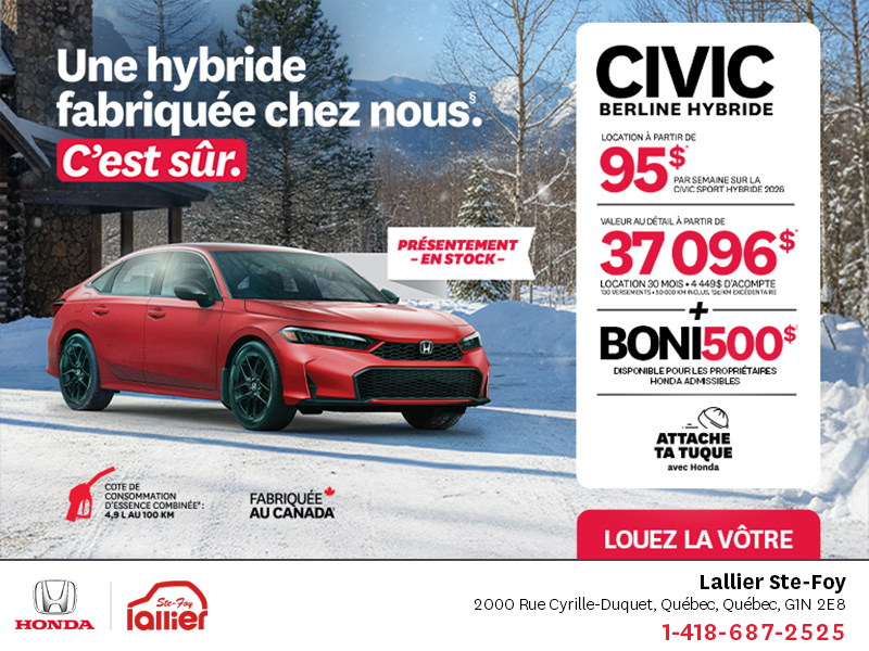Obtenez le Honda Civic Berline Hybride 2026 !