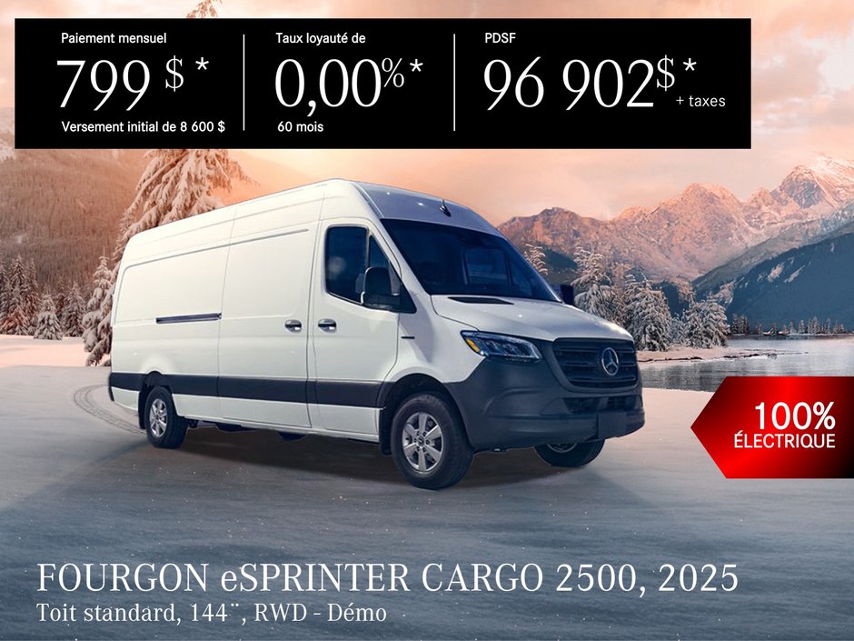 FOURGON eSPRINTER CARGO ÉLECTRIQUE 2025 – location 60 mois à partir de 799 $/mois + taxes*