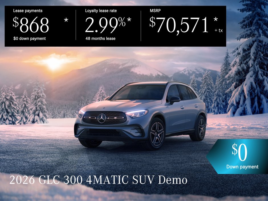 Lease the 2026 GLC 300 4MATIC SUV from $868/per month + tax.