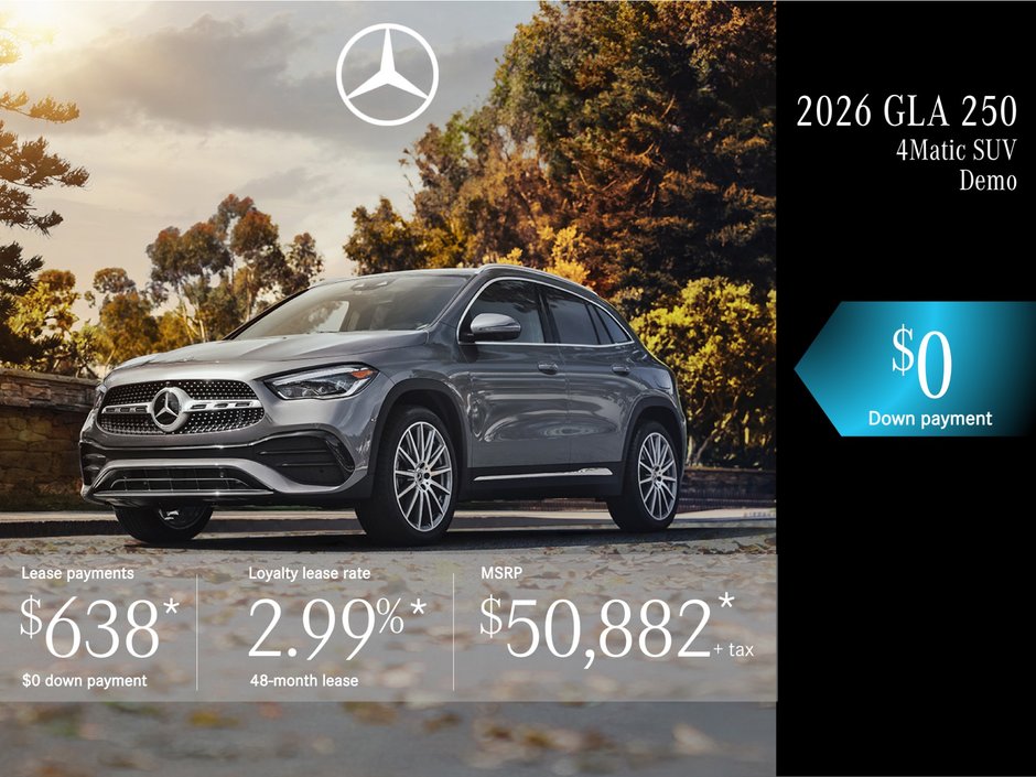 Lease the 2026 GLA 250 4MATIC SUV from $638/month + tax.