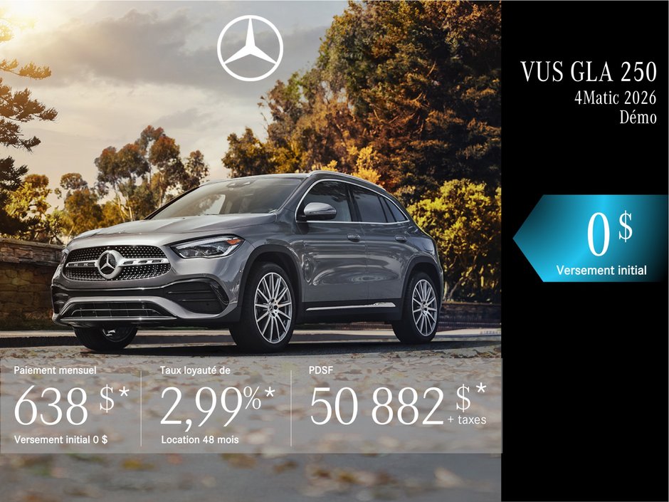 VUS GLA 250 4MATIC 2026 en location à partir de 638 $/mois + taxes.