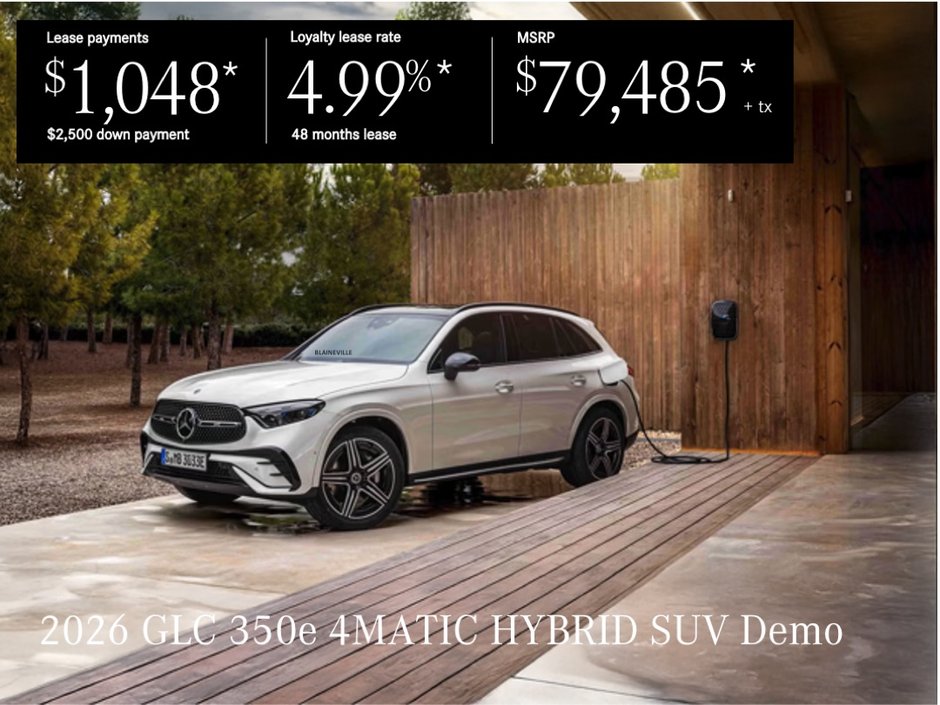 Lease the 2026 GLC 350e 4MATIC HYBRID SUV from $1,048/per month + tax*.