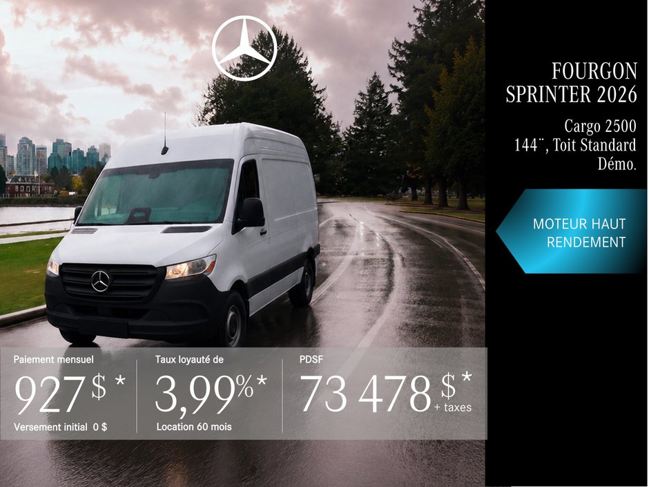 FOURGON SPRINTER UTILITAIRE 2026 TOIT STANDARD 144¨ DIESEL – location 60 mois à partir de 927 $/mois + taxes*