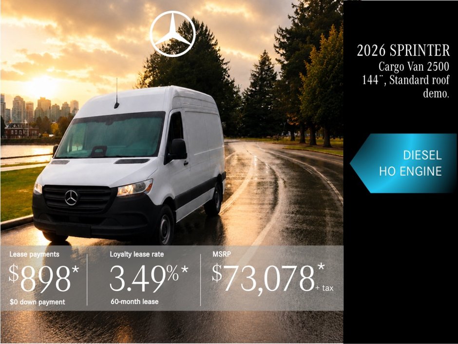 Lease the 2026 SPRINTER CARGO VAN STANDARD ROOF 144¨ DIESEL – 60 months from $898/month + tax*