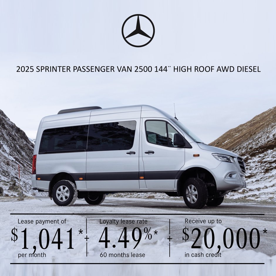 2025 Sprinter Passenger Van 2500 Diesel – 144¨ High Roof, lease starting at $1,041 per month + tax*