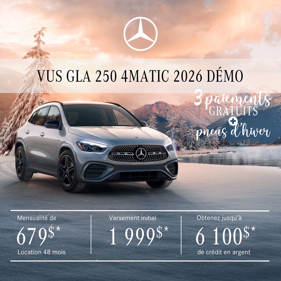 VUS GLA 250 4MATIC 2026 en location à partir de 679 $/par mois + taxes.