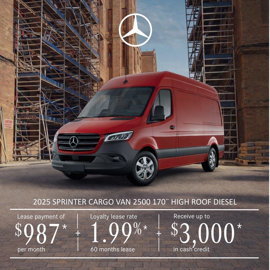 2025 Sprinter Cargo Van 2500 Diesel – 170¨ High Roof, lease starting at $987/per month + tax.*