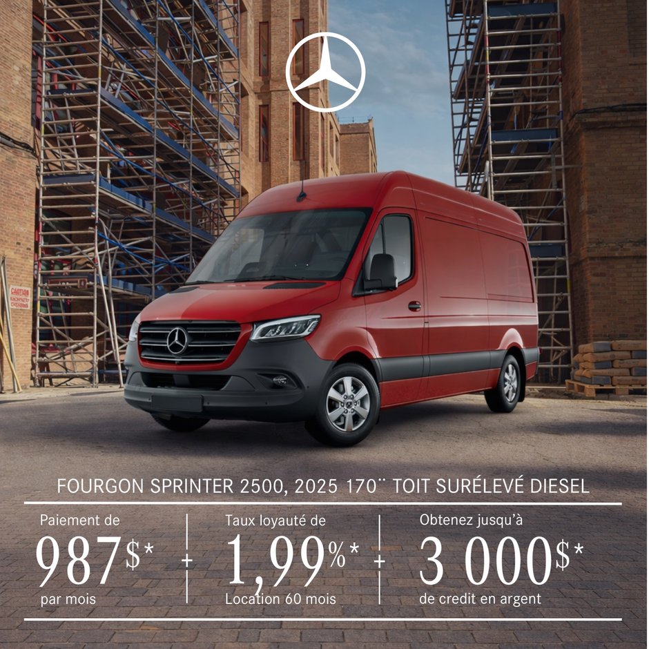 Fourgon Sprinter 2500 Diesel 2025 – 170¨ Toit surélevé, location à partir de 987 $/par mois + tx.*