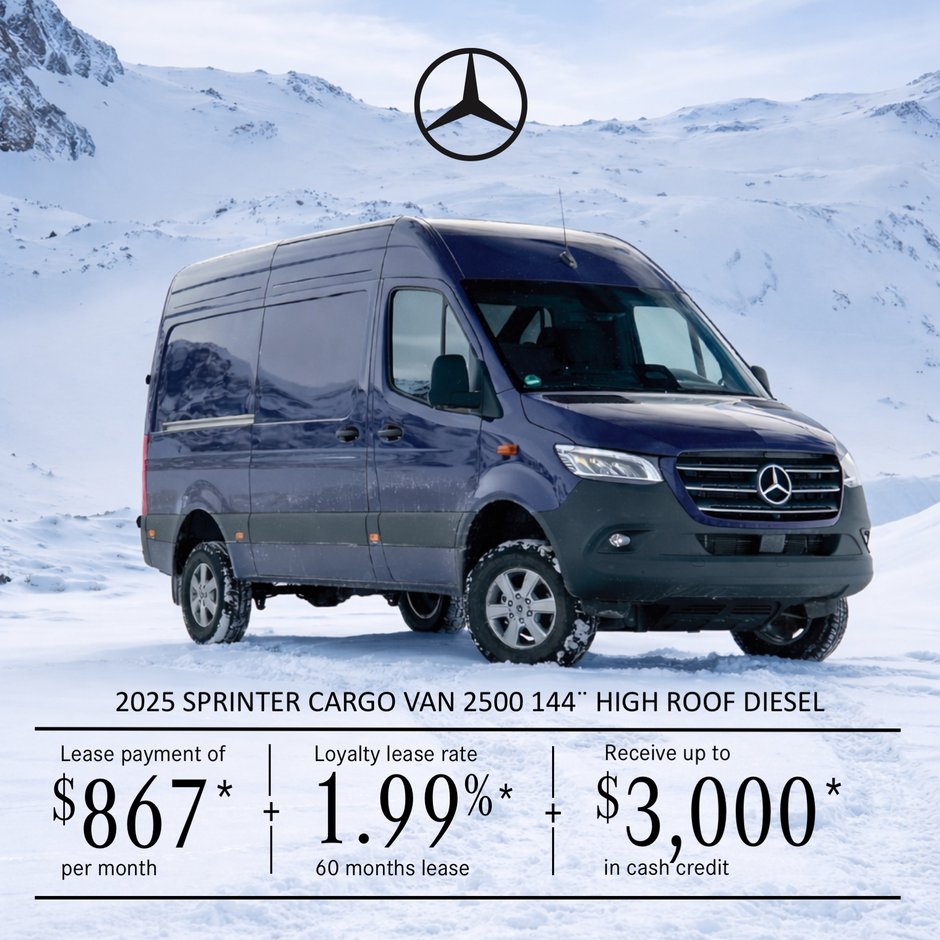 2025 Sprinter Cargo Van 2500 Diesel – 144¨ High Roof, lease starting at $867/per month + taxes.*