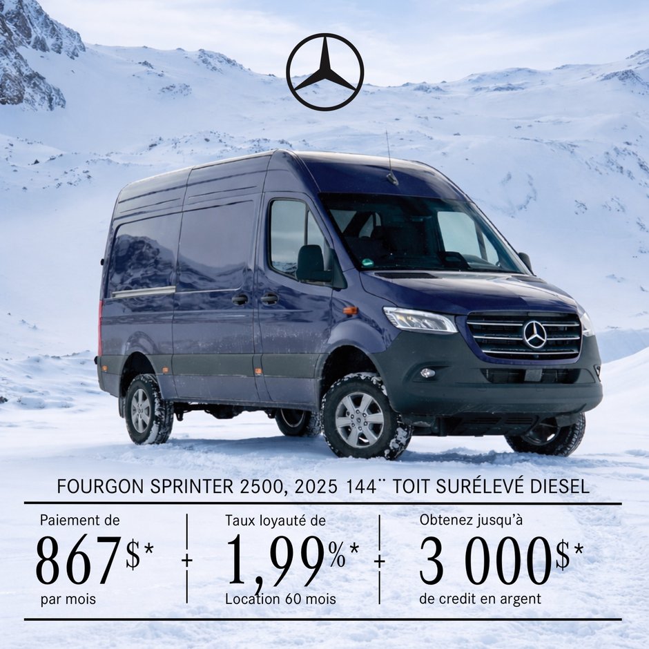 Fourgon Sprinter 2500 Diesel 2025 – 144¨ Toit surélevé, location à partir de 867 $/par mois + tx.*
