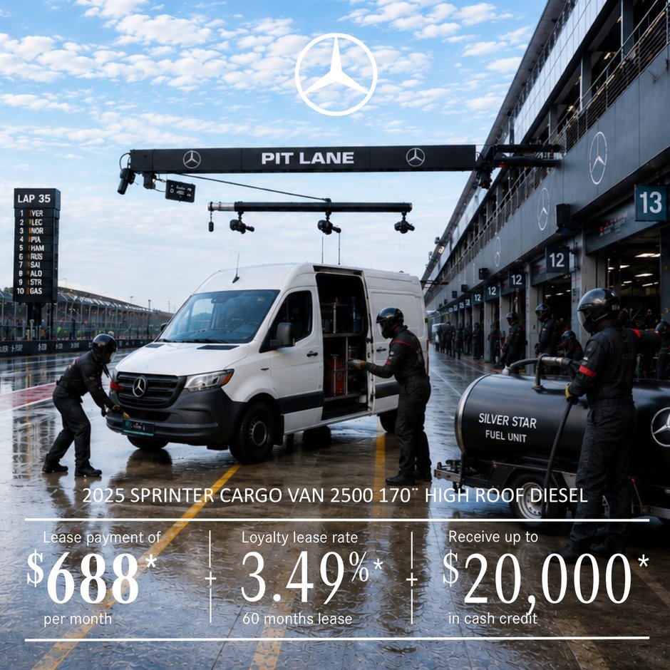 2025 Sprinter Cargo Van 2500 High Roof Diesel – 170¨, lease starting at $688 per month + tax*