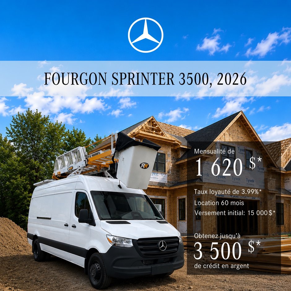 Fourgon Sprinter Cargo 3500, 2026 - 170¨ Toit surélevé + échelle télescopique de 38 pi, location à partir de 1 620 $/mois + tx*