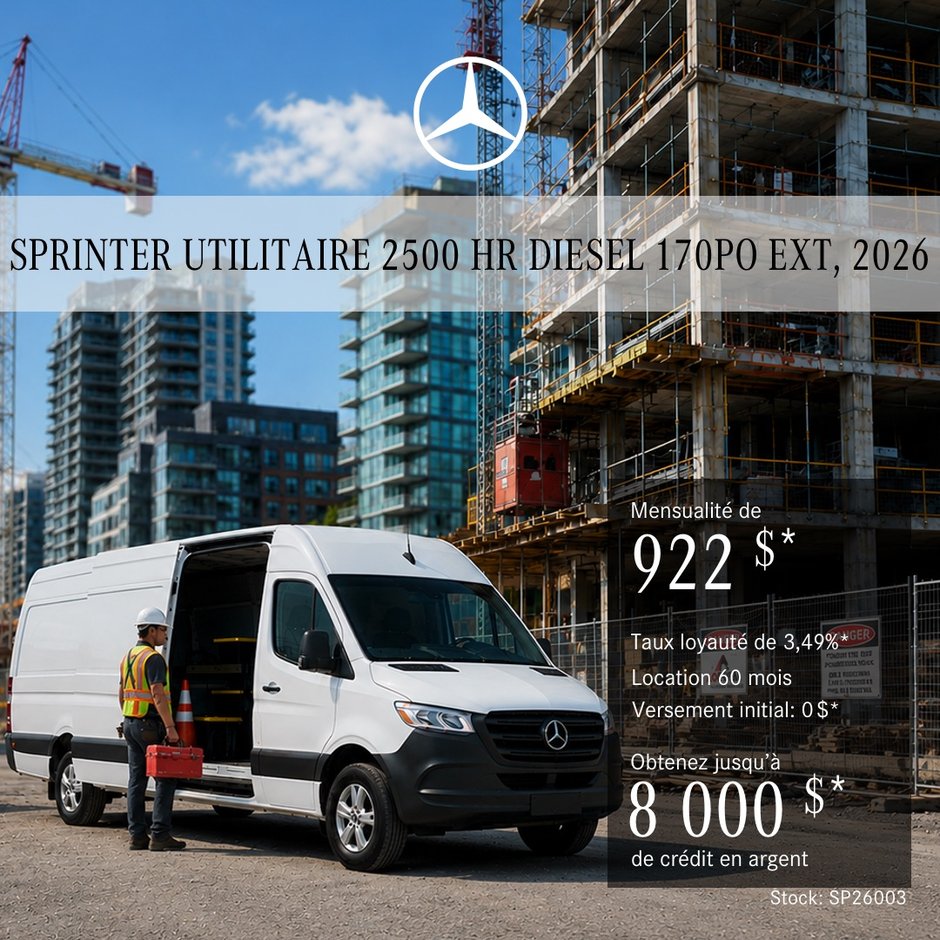 Fourgon Sprinter utilitaire 2500 Diesel 2026 – Toit surélevé 170 po EXT, location à partir de 922 $ par mois + taxes*