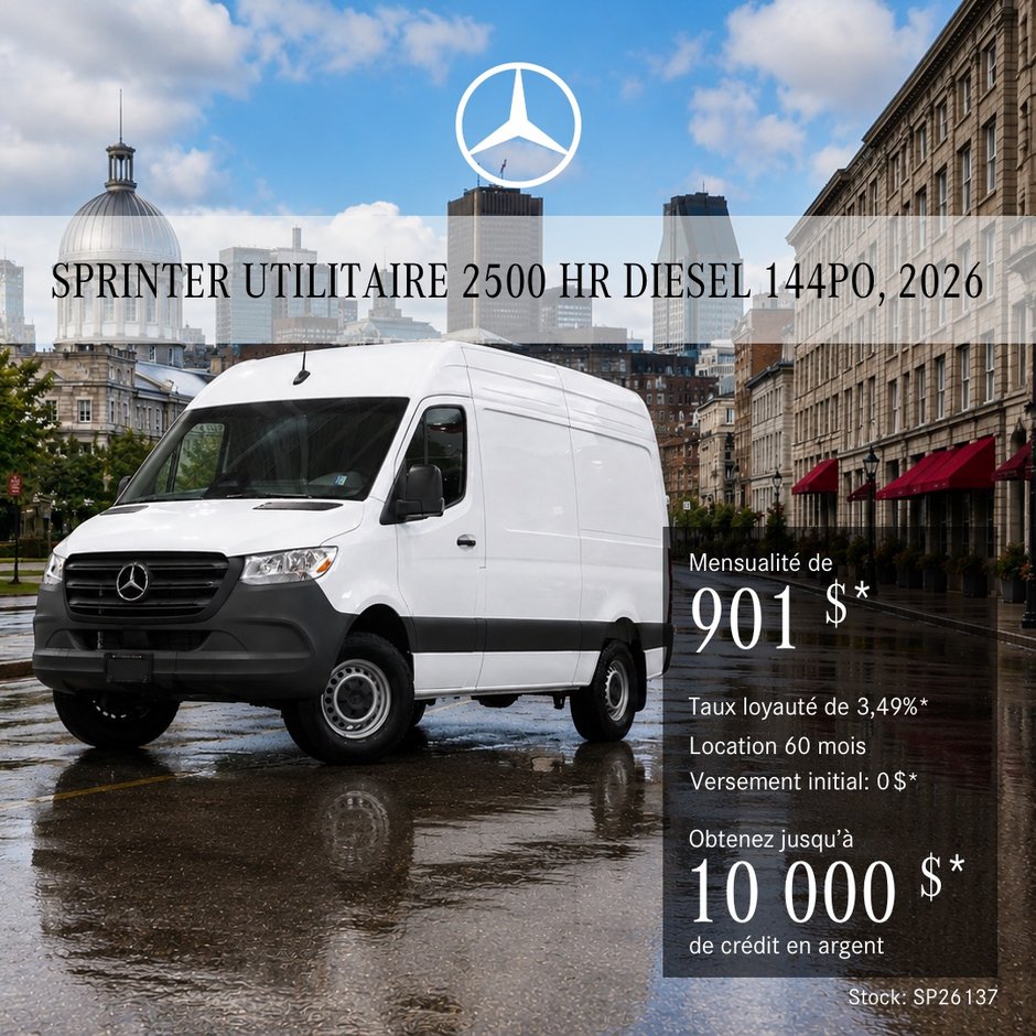 Fourgon Sprinter utilitaire 2500 Diesel 2026 – Toit surélevé 144 po, location à partir de 901 $ par mois + taxes*