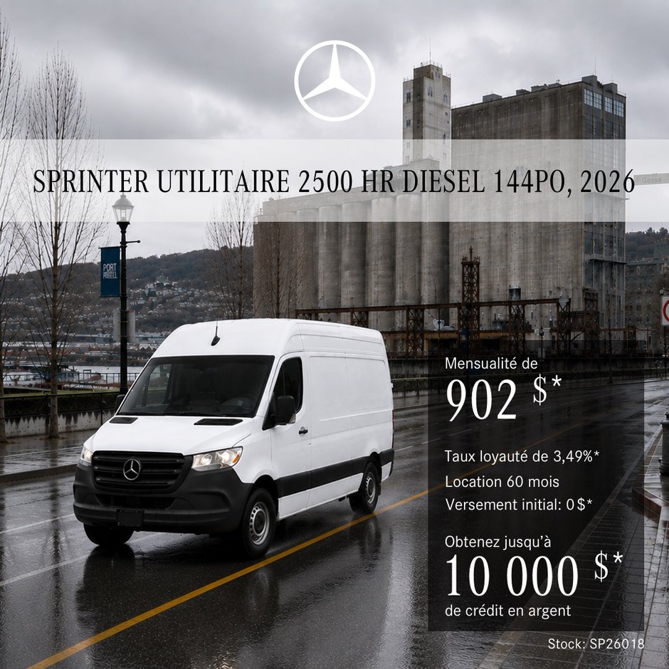 Fourgon Sprinter utilitaire 2500 Diesel 2026 – Toit surélevé 144 po, location à partir de 902 $ par mois + taxes*