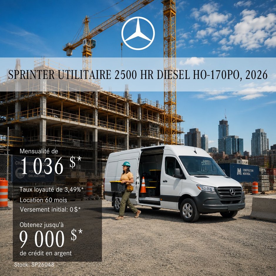 Fourgon Sprinter utilitaire 2500 Diesel HO 2026 – Toit surélevé 170 po, location à partir de 1 036 $ par mois + taxes*