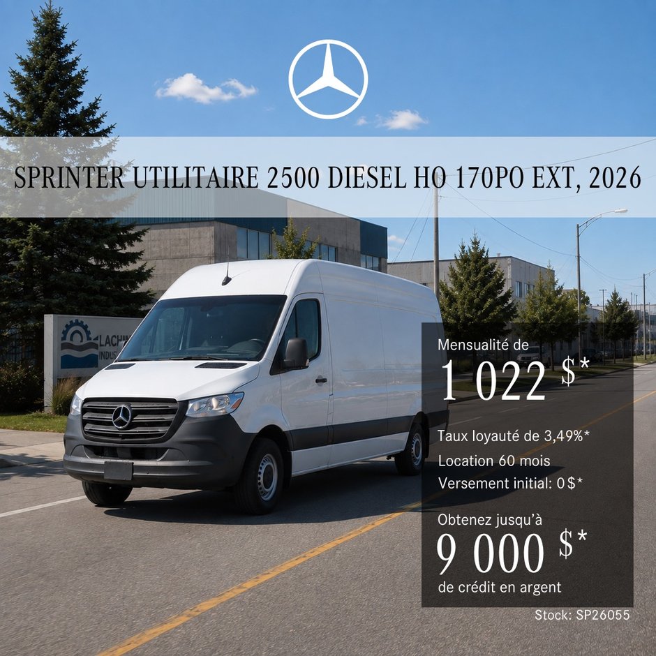 Fourgon Sprinter utilitaire 2500 Diesel HO 2026 – Toit surélevé 170 po EXT, location à partir de 1 022 $ par mois + taxes*