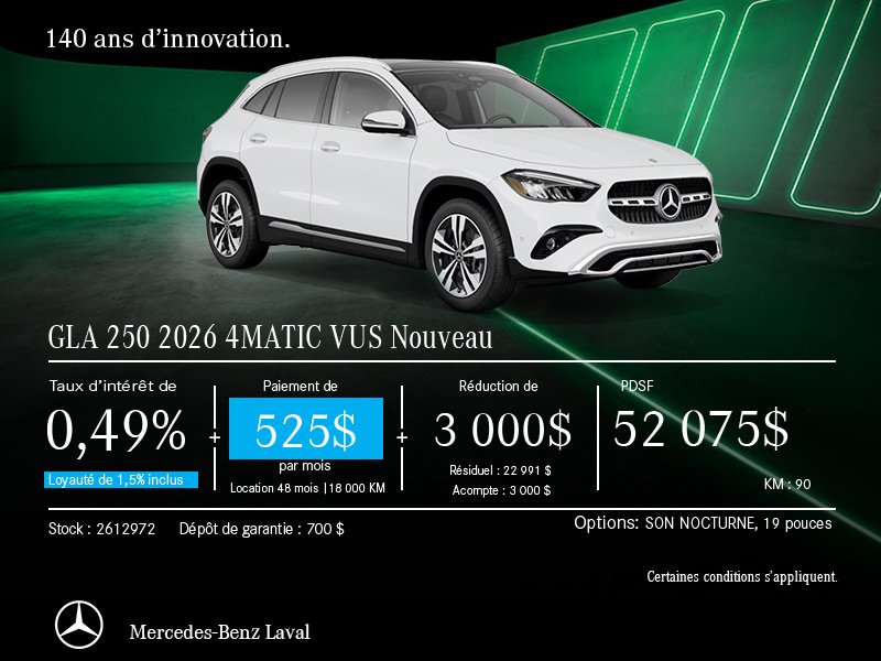 Mercedes-Benz GLA 250 4MATIC VUS Nouveau 2026