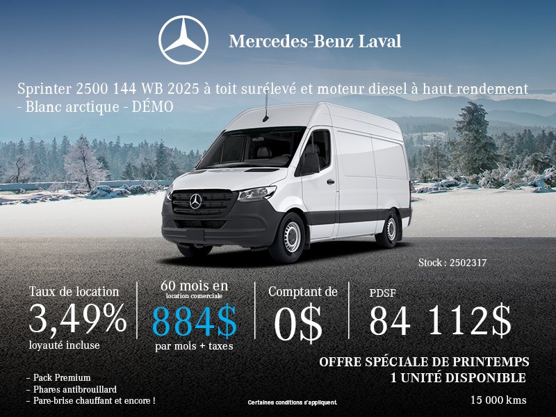 Sprinter 2500 144 po WB à toit élevé 2025, diesel à haut rendement