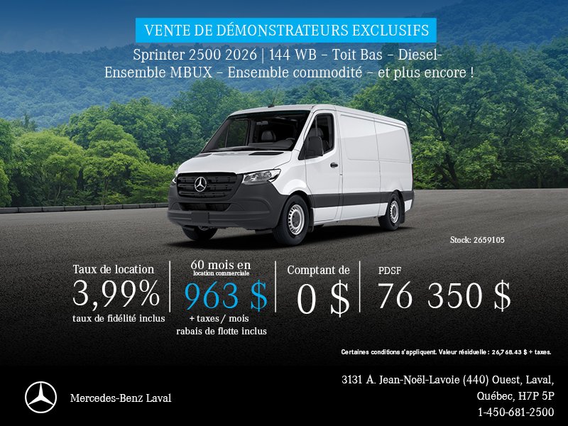 Sprinter 2500 2026 | 144 WB Toit Bas Diesel